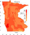 Map of average radon levels in bedrooms of Minnesota homes